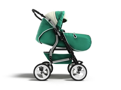 现代婴儿推车深绿色春季秋季冬季绿色前3d 渲染白色背景与阴影