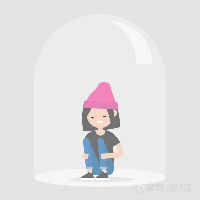 年轻不安的女性角色坐在玻璃圆顶下.内向.抑郁症.