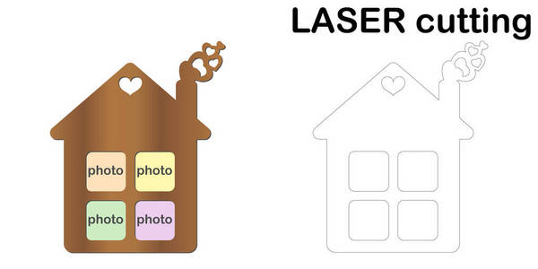 用于激光切割的照片的房子形框架。拼贴画的相框。木材和金属用模板激光切割机