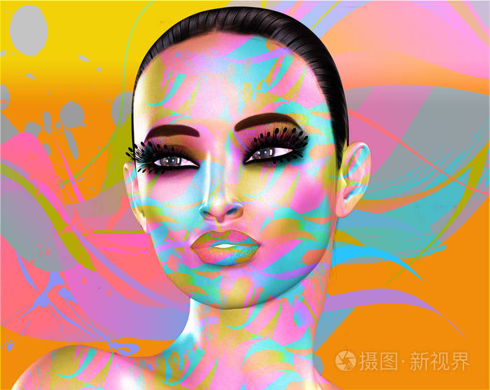 多彩的波普艺术形象的一张女人的脸这是特写的一个数码艺术形象的波普