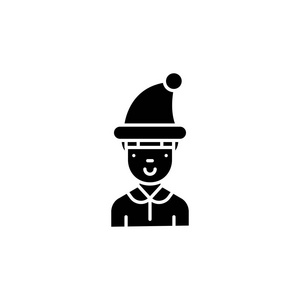 男孩在冬天帽子黑图标概念。男孩在冬天帽子平的向量符号, 符号, 插图