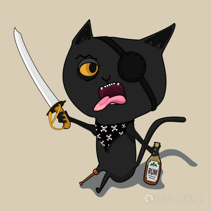 可爱的黑色卡通猫.大胡子晶须.有趣的人物.平面设计.孤立.矢量图