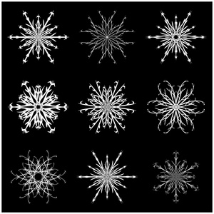 圣诞雪花，冻片状剪影图标 符号 设计。孤立在黑色背景上的冬天，水晶矢量图