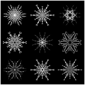 圣诞雪花，冻片状剪影图标 符号 设计。孤立在黑色背景上的冬天，水晶矢量图