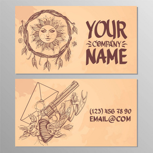 卡片上有树枝太阳和组成的花圈的图案。用于创建名片海报广告页的模板