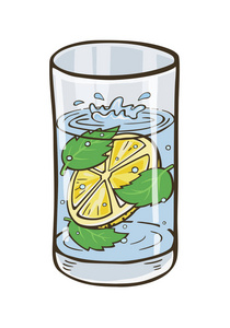 带柠檬和薄荷叶的水的矢量玻璃。薄荷鲜冷柠檬饮料