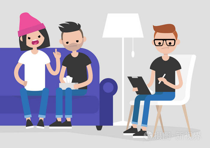 年轻的一对夫妇拜访心理医生.精神卫生保健.关系.医生听和做笔记.