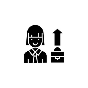 女实业家黑色图标概念。女实业家平面矢量符号, 符号, 插图