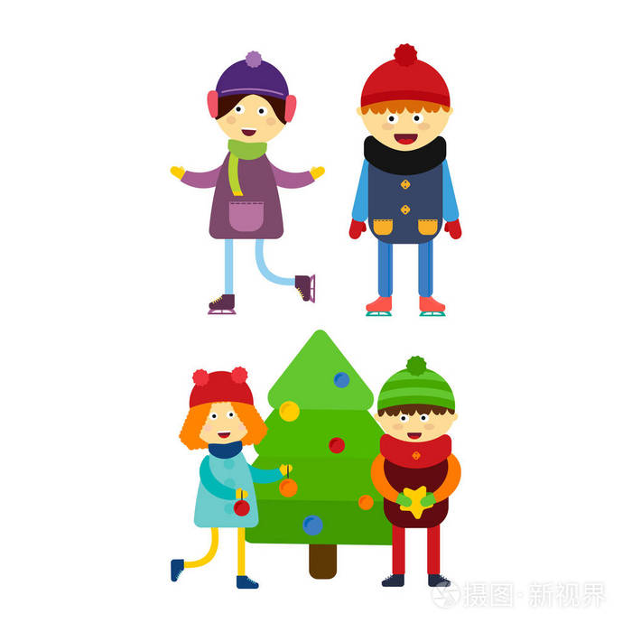 圣诞节孩子们玩耍冬奥会滑冰卡通新年冬季假期人物矢量图插画