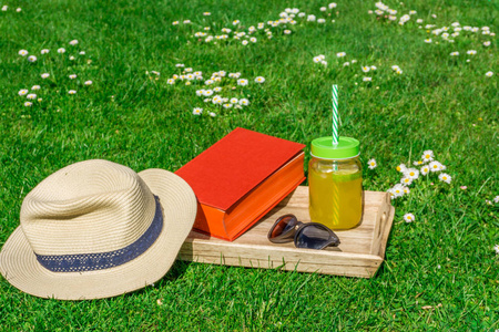 带一本书和太阳眼镜在绿色的草坪上的那顶草帽