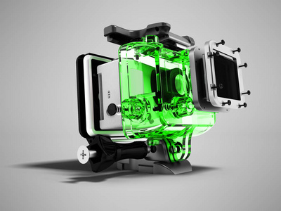 现代绿色相机的极端松弛拆除3d 渲染灰色背景与阴影