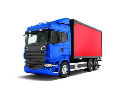 现代深蓝色卡车与红色拖车为物品运输在城市附近3d渲染在白色背景与阴影