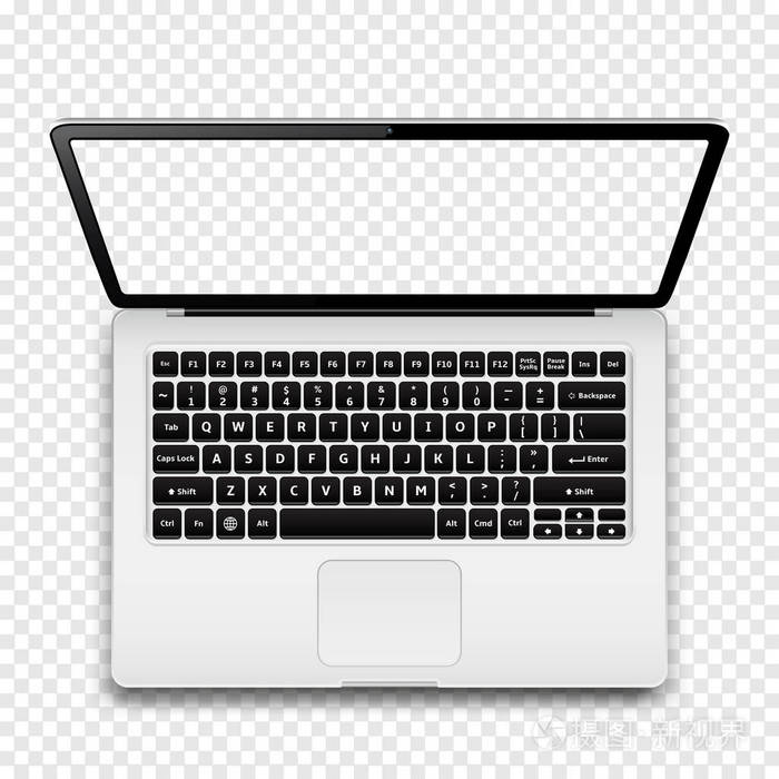孤立在透明背景上的透明屏幕的笔记本电脑.顶视图.矢量图