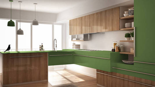 现代简约木制厨房与实木复合地板, 地毯和全景窗口, 白色和绿色建筑室内设计