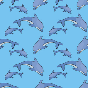 在涂鸦风格的无缝模式与滑稽的海豚的形象。彩色矢量背景
