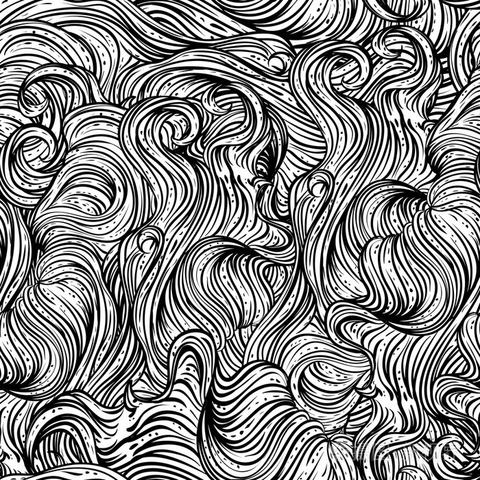 抽象的无缝模式与卷曲的头发.黑色和白色手绘矢量图中线条艺术样式