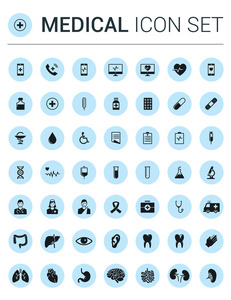 黑暗医疗图标集在浅蓝色圆圈