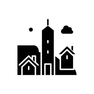 城市生活黑色图标概念。城市生活平面向量符号, 符号, 插图