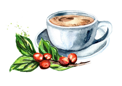 一杯天然咖啡与绿色咖啡分店.水彩手绘插图, 在白色背景下隔离照片