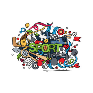 体育手刻字和涂鸦元素背景.矢量图照片