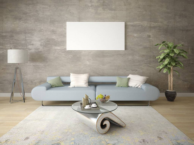 模拟一个时尚的客厅与舒适的沙发和时髦的时髦背景