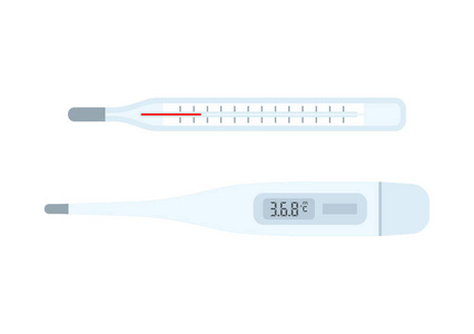 医用温度计。平坦的风格。在白色背景上被隔离