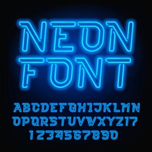 霓虹灯管字母字体。蓝色斜型字母和数字