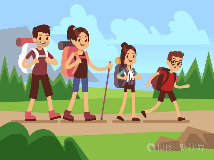 插画 快乐的家庭徒步旅行者.秋季徒步旅行户外探险矢量概念.eps