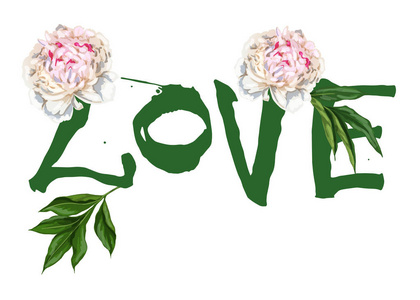 手写文字爱和美丽的牡丹花为情人节设计海报, 贺卡, 相册, 横幅。书法矢量插画收藏