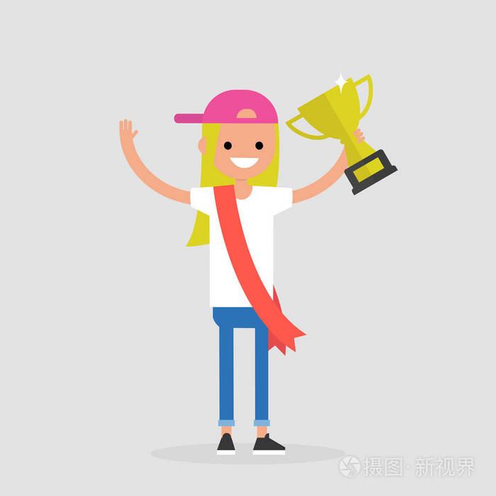 颁奖典礼年轻女性成功的性格戴着红丝带捧着冠军杯成就平面可编辑矢量