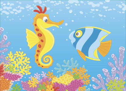 游泳插画异国情调的海马和 butterflyfish 在热带海礁上的五彩珊瑚中