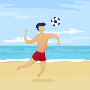 沙滩足球运动员与球在平坦的风格沙滩上的背景
