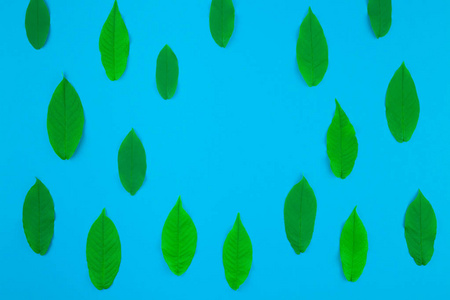 创意平躺在明亮的蓝色背景上的新鲜绿叶的顶部视图模式与复制空间在极小的流行艺术风格, 文本模板