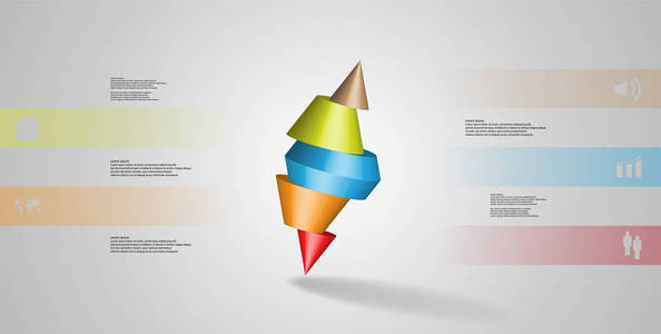 3d 插图图表模板与切尖锥的主题为五色的部分和歪斜安排。简单的符号和文本是在彩色横幅。背景为浅灰色