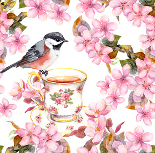 茶杯鸟和盛开的花朵。 无缝花卉图案。 瓦特数