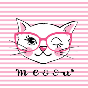 选择性聚焦和复印空间在大眼镜, 围巾和帽子,韩时髦猫时尚肖像卡通