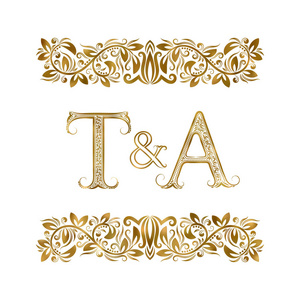 T 和一个老式的缩写标志符号。这些字母被观赏元素所包围。婚礼或商业伙伴在皇家风格的字母组合