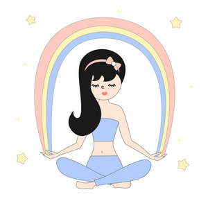 怎么做彩虹图可爱的卡通矢量插图与年轻女孩练习瑜伽在莲花位置与彩虹