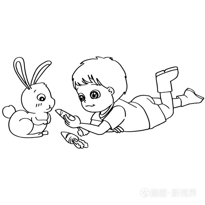 着色书孩子喂养兔子矢量插画-正版商用图片0odckq-摄图新视界