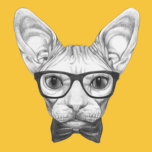漂亮的素描肖像 Sphynx 猫在时髦的眼镜和弓领带