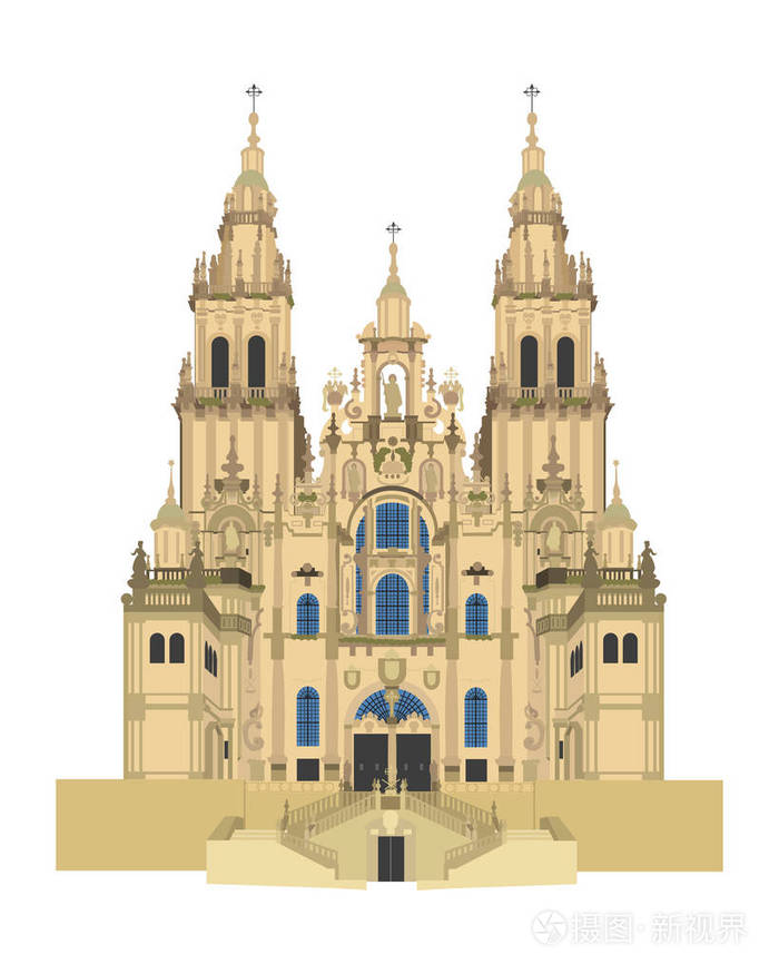 圣地亚哥德孔波斯特拉大教堂,西班牙.孤立在白色背景矢量图