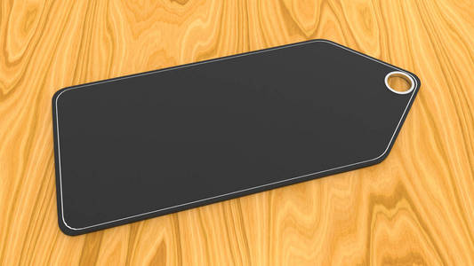 木桌上的黑色空价格标签。3d 插图