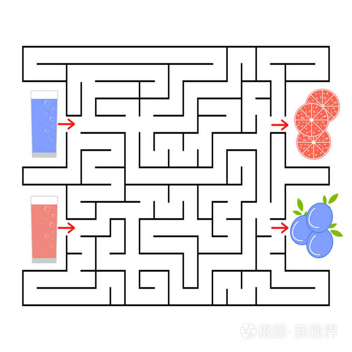 一个方形的迷宫.找到从果汁到水果的方式.简单平面孤立向量图