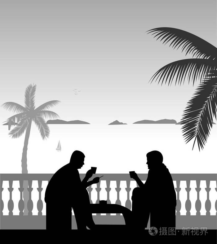海滩阳台上的人的剪影吸烟和喝咖啡, 在一系列类似的图像之一