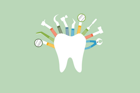 牙科仪器与齿形-卡通矢量平面样式牙科工具, 用于去除牙医手上的牙齿
