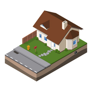 小屋，房地产说明书或 Web 图标的小木屋里。院子里，绿色的草地，地面。等距向量 Eps10