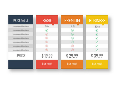 网站和应用程序的价格表。平面样式的业务模板。矢量插图