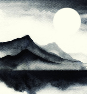 高山与天空抽象灰色景观水彩画素描