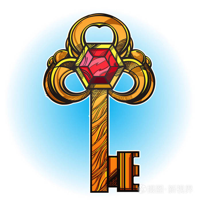 金色的复古钥匙宝石在白色背景上隔离的彩色矢量插图