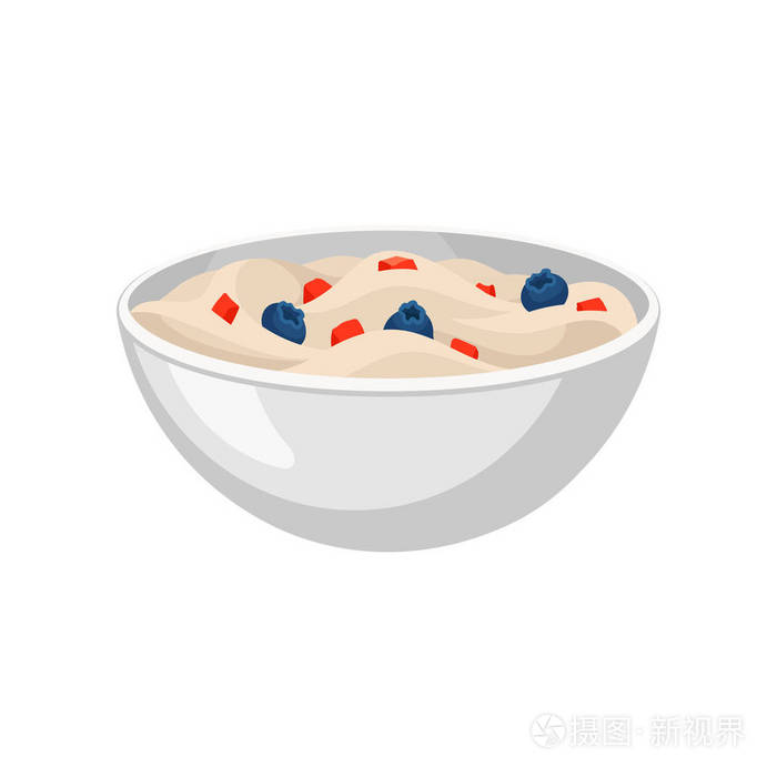 插画 燕麦粥与新鲜蓝莓和草莓片在陶瓷碗.健康的早餐.